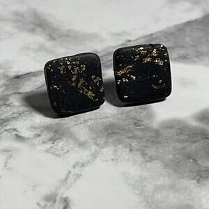 Handcrafted Square Black With Gold Flakes Hypoallergenic Post Stud Earrings NWOT